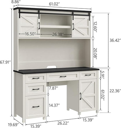 67''H Farmhouse Executive Desk with Hutch & 5 Drawers, Rustic Office Desks Computer Desks with Charging Station, File Drawers and Storage Cabinets, Wood Workspace for Home Office & Study,Black.