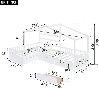Twin Size House Platform Bed with Three Storage Drawers,Double Shared-Bed,2 in 1 Bed,L-Shaped Platform Bed for Boys Girls Shared Beds,Perfect complement to Any Small Space,White