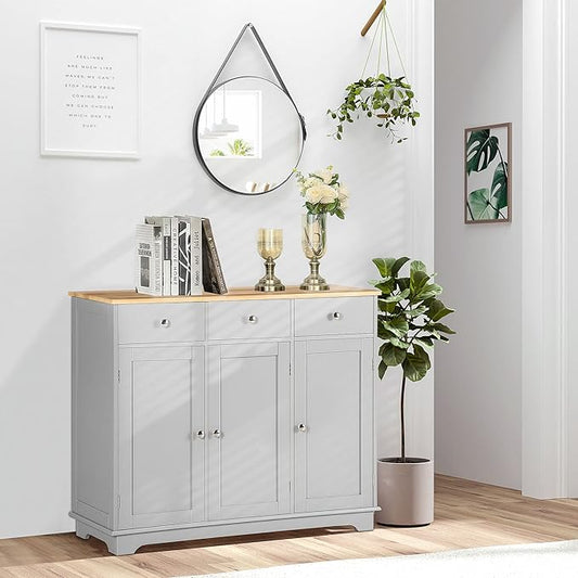 HOMCOM Sideboard with Solid Wood Countertop, Modern Kitchen Storage Cabinet, Coffee Bar Cabinet with 3 Drawers, Doors and Adjustable Shelf, Gray