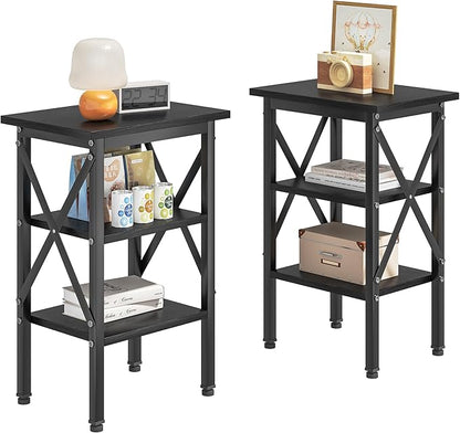 VECELO End Table Set of 2, Bedside Table, 24" Tall Living Room End Tables, X-Design Reinforced Nightstands, Side Table with 3-Tier Storage Shelves for Small Spaces, Office, Bedroom, Classic Black
