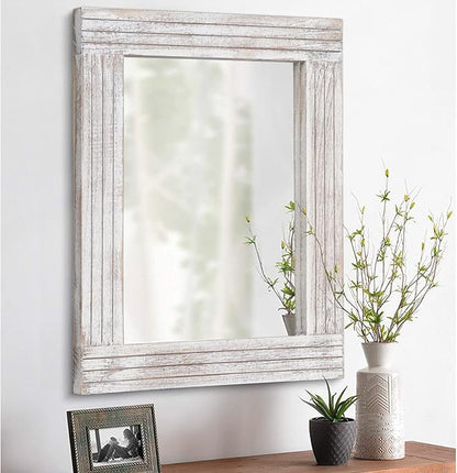 Mirrors for Wall Rustic Wooden Frame Rectangle Mirror Vintage Hanging Mirror for Bedroom Bathroom Living Room Farmhouse Wall Decor White Small 16" x 12 "