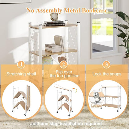BAOYOUNI 3-Tier Vintage Industrial Bookshelf - No Assembly Folding Storage Shelf with Woodgrain Finish | Collapsible Metal Bookcase for Living Room, Office & Bedroom