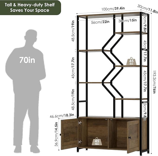 76" Tall Shelf with Storage Cabinet Doors, 6 Tier Open Bookshelf for Multi-use Display, Staggered Book Shelf Etagere Bookcase for Home Office/Living Room, Deep Metal & Wood Accent Shelf, Rustic Brown