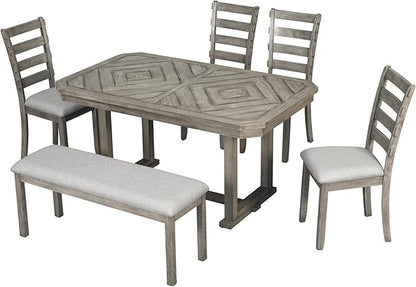 Merax 6-Piece Rubber Wood Dining Table Set with 4 Cushioned Chairs and Bench, Beautiful Wooden Grain Pattern Tabletop, Grey