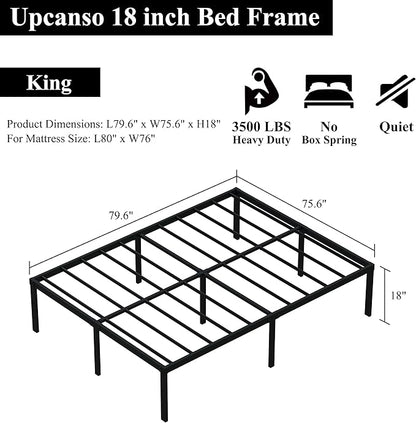18 Inch King Bed Frame Heavy Duty Metal Platform King Size Bed Frames with High Storage, Eassy Assembly 3,500 Lbs Heavy Duty Bedframes, Black