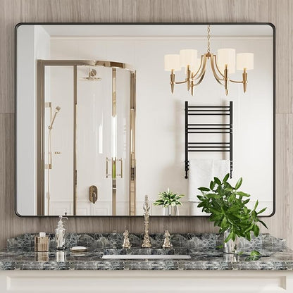 Black Bathroom Mirror 48X32 Inch, Black Metal Framed Mirror for Wall, Rounded Rectangle Matte Bathroom Vanity Mirror with Tempered Glass, Anti-Rust, Horizontal/Vertical