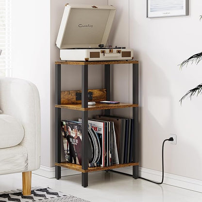 TUTOTAK Record Player Stand with Storage Up to 100 Albums，Record Storage Table,3 Tier End Table with Charging Station,Side Table for Living Room, Bedroom, Brown TB01BB076