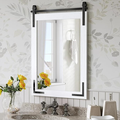 22x30 Inch Farmhouse Bathroom Mirror, White Vanity Rustic Mirror with Wood Frame, Rectangle Wall Decorative Mirrors for Entryway, Living Room, Bedroom