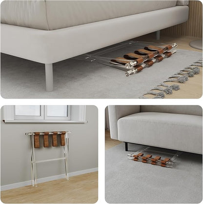 Sumerflos Acrylic Luggage Rack for Guest Room - Foldable Suitcase Stand with Leather Straps for Bedroom Living Room Hotel Heavy-Duty, Holds up to 50-100 lb lightweight Space Saving (Brown & Handle - 2 Pcs)