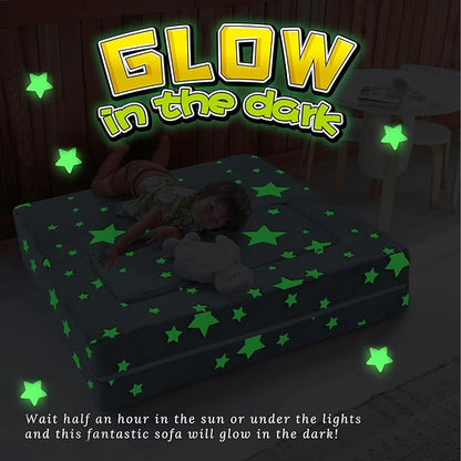 MeMoreCool Modular Kids Play Couch Sofa – Glow in The Dark Star Design, Fold-Out Toddler Couch for Playroom Furniture, Grey