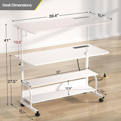 Armocity Height Adjustable Standing Desk with Power Outlets, 39" Manual Stand Up Desk with Storage Shelves Small Mobile Rolling Computer Desk Portable Laptop Table with Wheels for Home Office, White