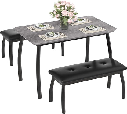 3 Piece Farmhouse Dining Table Set for 4, Compact Rustic Kitchen Table with 2 Padded Benches, Space Saving Breakfast Nook Furniture Set for Small Spaces, Apartments, Grey