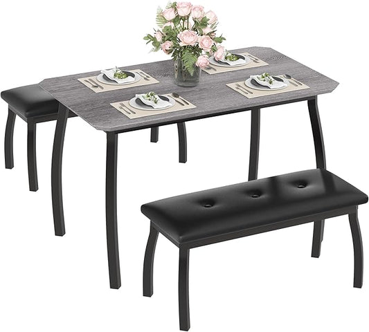 3 Piece Farmhouse Dining Table Set for 4, Compact Rustic Kitchen Table with 2 Padded Benches, Space Saving Breakfast Nook Furniture Set for Small Spaces, Apartments, Grey
