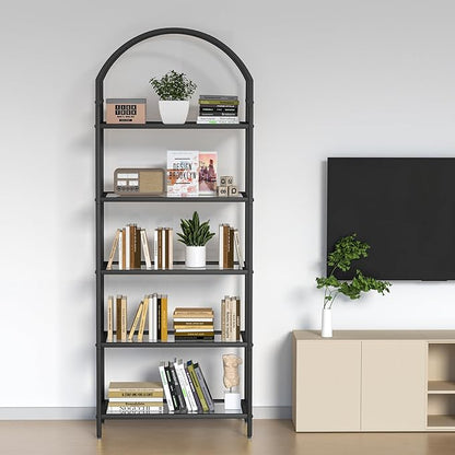 Homhedy Bookshelf Arched Display Racks,Metal Bookcase,Tempered Glass Shelves,Storage Rack Shelf for Home Office,Living Room,Bedroom, Bathroom,Modern Style (Black, 11.8" D x 23.6" W x 62.2" H)