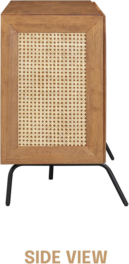 NTC MOSSIC Sideboard with 2 Doors and 3 Drawers, Buffet Cabinet with Natural Rattan and Metal Legs, Modern Storage Cabinet for Living Room, and Hallway, Effortless Assembly, Teak Look