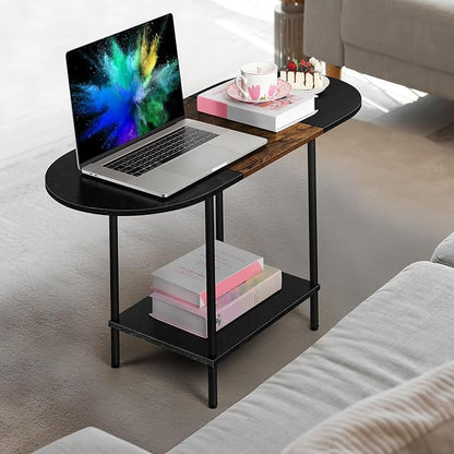 Small Round Coffee Table, 2-Tier Oval Center Table with Storage and Open Shelving, Minimalist Display Center Table for Living Room, Small Space, Home Office, Brown & Black