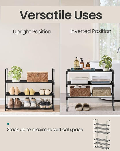 SONGMICS Shoe Rack, 3-Tier Shoe Organizer, Metal Storage Shelf, Upright or Upside Down, for 8-12 Pairs, Stackable, for Entryway, 11.8 x 26.8 x 21.7 Inches, Black ULSA203B01