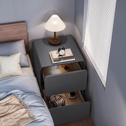 VICITON Modern Narrow Faux Leather Nightstand, Solid Wood Drawer, Storage Accent Table, Small Side End Table for Bedroom (Gray, Large(15.7inch))