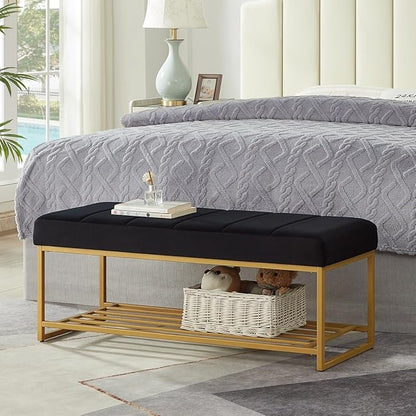 24KF Black Velvet Upholstered End of Bed Bench with Metal Shelf, Modern Tufted Channel Entryway Bench Footboard Bench for Living Room, Bedroom, Gold Bench,5036-Black