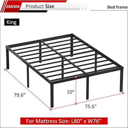 EMODA 20 Inch King Bed Frame No Box Spring Needed, Heavy Duty Tall Metal Platform with Large Storage Space, Noise Free, Easy Assembly, Black