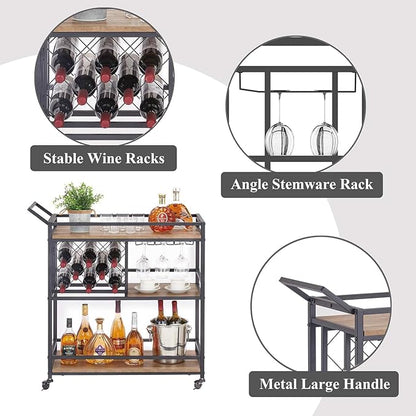 FATORRI Bar Cart for The Home, Rolling Wine Carts on Wheels with 3 Tier Wood Shelves, Liquor Beverage Cart with Wine Rack and Glass Holder (Rustic Oak)