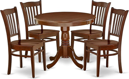 East West Furniture ANGR5-MAH-W 5 Piece Dining Room Table Set Includes a Round Kitchen Table with Pedestal and 4 Dining Chairs, 36x36 Inch, Mahogany