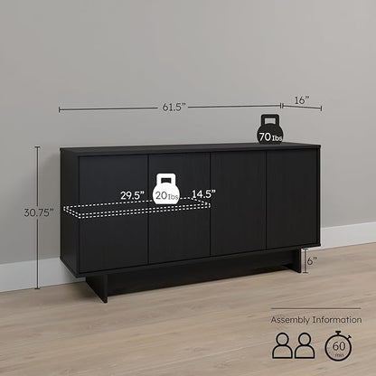 Prepac Finnley 61.5" Wide Sideboard Cabinet, Wood Entryway Sideboard with 2 Adjustable Shelves, Dining Room Buffet with 4 Doors, Living Room Accent Cabinet for Storage and Decorations, Black Oak