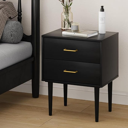 Black Nightstand with 2 Drawers,Tall Modern Night Stand Black, Wooden Night Stands for Bedroom, Bed Side Table, End Table, Gold Handle