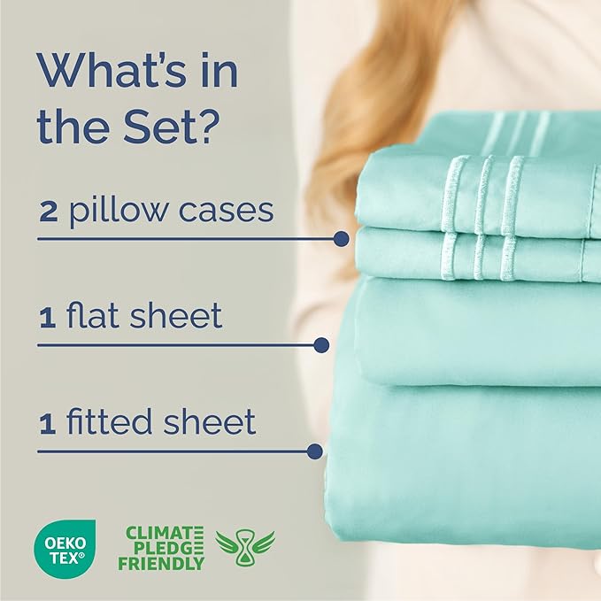 Queen Size 4 Piece Sheet Set - Comfy Breathable & Cooling Bed Sheets Set - Hotel Luxury Bedding for Women, Men, Kids, Teens, Boys & Girls - Deep Pockets, Ultra-Soft, Wrinkle Free - Oeko-Tex - Spa Blue
