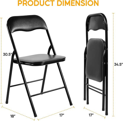 HealSmart 2 Pcs Folding Chairs with Leather Padded Cushion Seats, Back & Sturdy Metal Frame, Stackable, Portable, Commercial Event Seat, Indoor Outdoor for Parties, Home Event, Office, Black