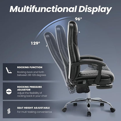 Massage Office Chair with Heat and Footrest –Reclining Desk Chair, Big and Tall Leather Computer Chair with Wheels, PU Executive Office Chair for Home, Gaming, Study, 300 lbs,Black