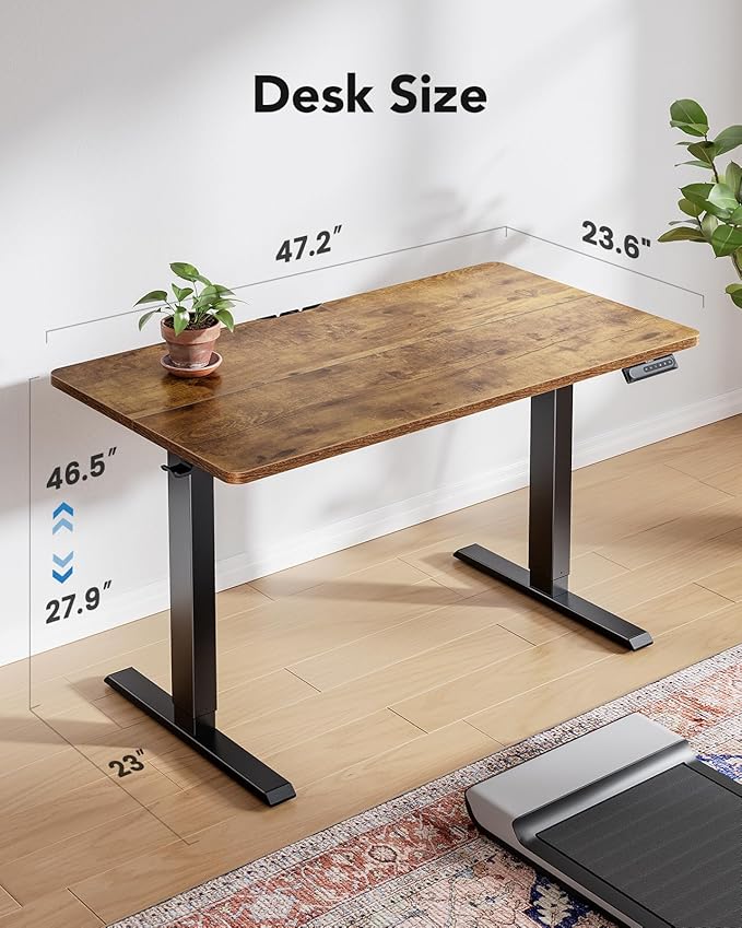 HUANUO 48" x 24" Electric Standing Desk Adjustable Height, 4 Memory Height Settings, Headphone Hook, Cable Manager, Sit Stand Up Desk for Home Office & Computer Workstation, Vintage Brown