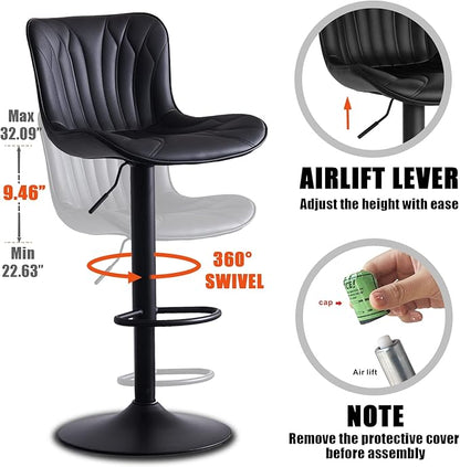 YOUNIKE Black Bar Stools Set of 2 Upholstered Modern Swivel Counter Height Bar Chair with Back Adjustable Kitchen Island Tall Faux Leather Padded Barstools Metal Breakfast