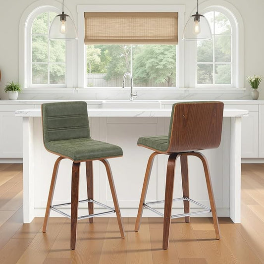 Vienna Modern Counter Height Swivel Bar Stool with Vintage Green Upholstered Seat and Walnut Finished Wood Frame Set of 2