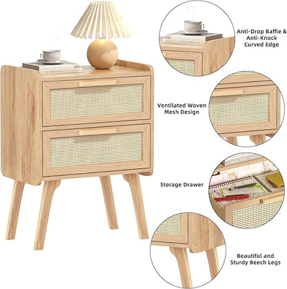 Lerliuo Rattan Nightstands Set of 2, Boho Night Stand with 2 Drawers, Cane Accent Side End Table, Bedside Table with Solid Wood Legs for Bedroom, Dorm and Small Spaces (Natural)