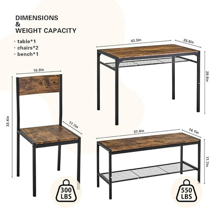 VECELO Kitchen Dining Room Table with 2 Chairs & Bench, Compact Space-Saving Design, Easy Assembly Steel Frame, Perfect for Small Apartments & Breakfast Nooks，Industrial