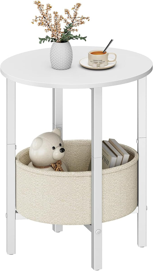 Vagusicc Round Side Table End Table with Storage Basket, Small Side Table Round Nightstand for Small Spaces, Tall Oval End Table with Steel Frame, Coffee Bedside Table for Living Room Bedroom, White