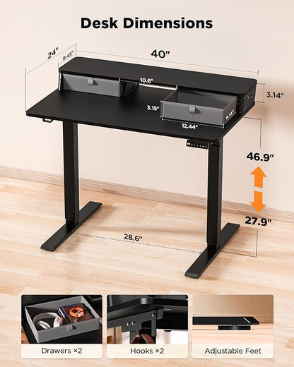40x24 Inch Standing Desk with Double Drawers, C-Clamp Mount Compatible, Electric Adjustable Height Computer Stand Up Desks, Home Office Sit Stand Table with 3 Preset Heights & 2 Hooks, Black