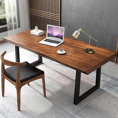 Modern Minimalist Solid Wood Office Desk with Metal Base Easy to Assemble Durable Writing Table Dining Table Computer Desk Multiple Ideal for Living Room and Dining Room (55inch)
