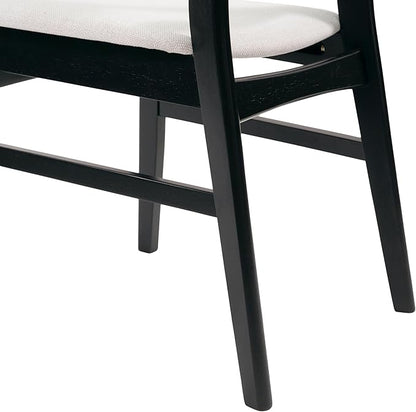 Set of 2 Solid Wood Dining Chairs, Fabric Upholstered Seat Mid-Century Modern Kitchen Furniture for Living Room, Light Beige+Black