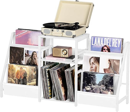 LELELINKY Record Player Table,Turntable Shelf with Vinyl Storage Up to 180 Albums,White Side Table with 3 Tier Magazine Periodical Book Rack,Wide Metal Record Holder Cabinet for Office, Music Room
