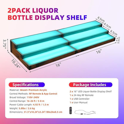 2 Pack 16 Inch LED Lighted Liquor Bottle Display Shelf, 3 Tier LED Bar Shelves, RGB Acrylic Bar Shelf with RF & App Control, 7 Colors, Music Sync& 1-4H Timming, Wine Rack Stand for Bar, KTV, Party