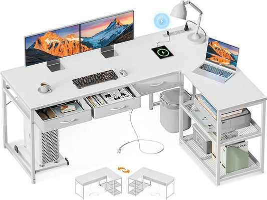 AODK 61 Inch L Shaped Computer Desk with Drawers, Corner Desk with Power Outlets & Reversible Storage Shelves, Movable CPU Stand for Home Office Gaming, White