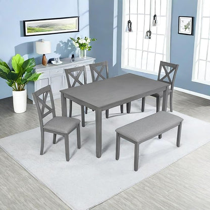 Dining Table Set, 6-Piece Kitchen Table & Chair Set with Rectangular Dining Table, 4 Upholstered X-Shaped Backrest Chairs and a Bench, Wooden Dining Table Set for 6 People, Gray