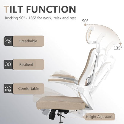 Desk Offiice Chair, Ergonomic Comfy Mesh Chair, Home High Back Gaming Executive Chair with Wheels, Compute Capacity 350LBS, Lumbar Support, Adjustable Headrest, Flip-up Armrest