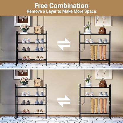 Haddockway Bamboo Shoe Rack for Closet, Free Standing Shoe Organizer with Smooth Round Rods & Convenient Handles, Stackable Shoe Storage Shelf for Entryway, Hallway(Black, 4-Tier(Small))