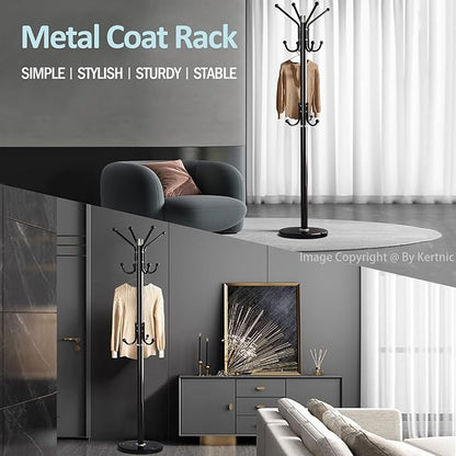 Kertnic Modern Coat Rack Freestanding with Natural Marble Base & Sturdy Metal Frame, 11 Hooks Hall Tree for Jackets, Hats, Bags, Entryway Organizer for Bedroom, Living Room, Closet (Black)