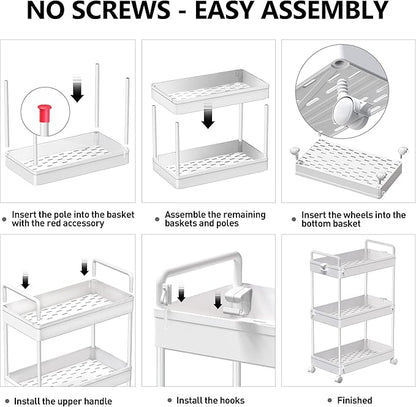 SOLEJAZZ 3 Tier Rolling Storage Cart with Wheels Slim Craft Nail Makeup Snack Art Baby Utility Cart Organizer on 2 Lockable Wheels for Bathroom Laundry Room Kitchen Bedside Narrow Spaces, White