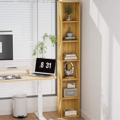 Tall Narrow Bookshelf 6-Tier Bookcase,70.5" Skinny Thin Corner Shelf Slim Storage Cabinet,Wood DVD CD Media Cube Organizer Tower Rack for Small Spaces, Bedroom, Living Room, Office,Natural