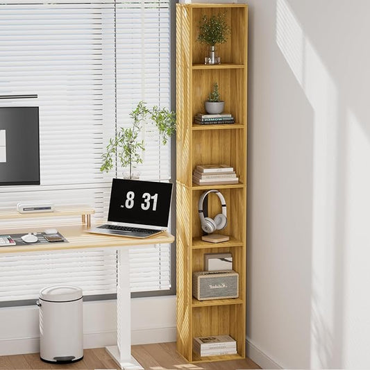 Tall Narrow Bookshelf 6-Tier Bookcase,70.5" Skinny Thin Corner Shelf Slim Storage Cabinet,Wood DVD CD Media Cube Organizer Tower Rack for Small Spaces, Bedroom, Living Room, Office,Natural